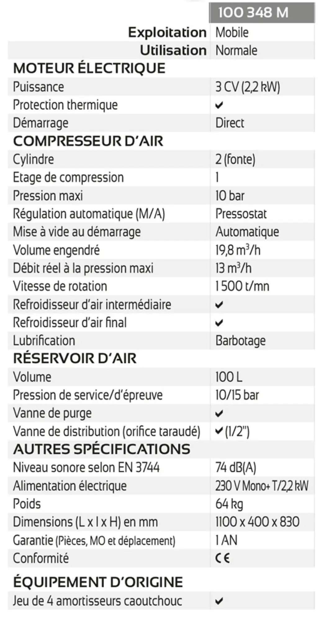 Compresseur  pistons 3cv - 100l