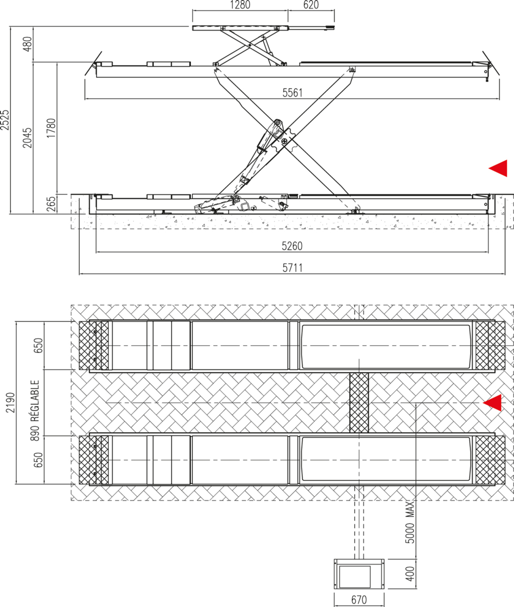 Pont  ciseaux 5t encastr (prise sous roue. sous coque)