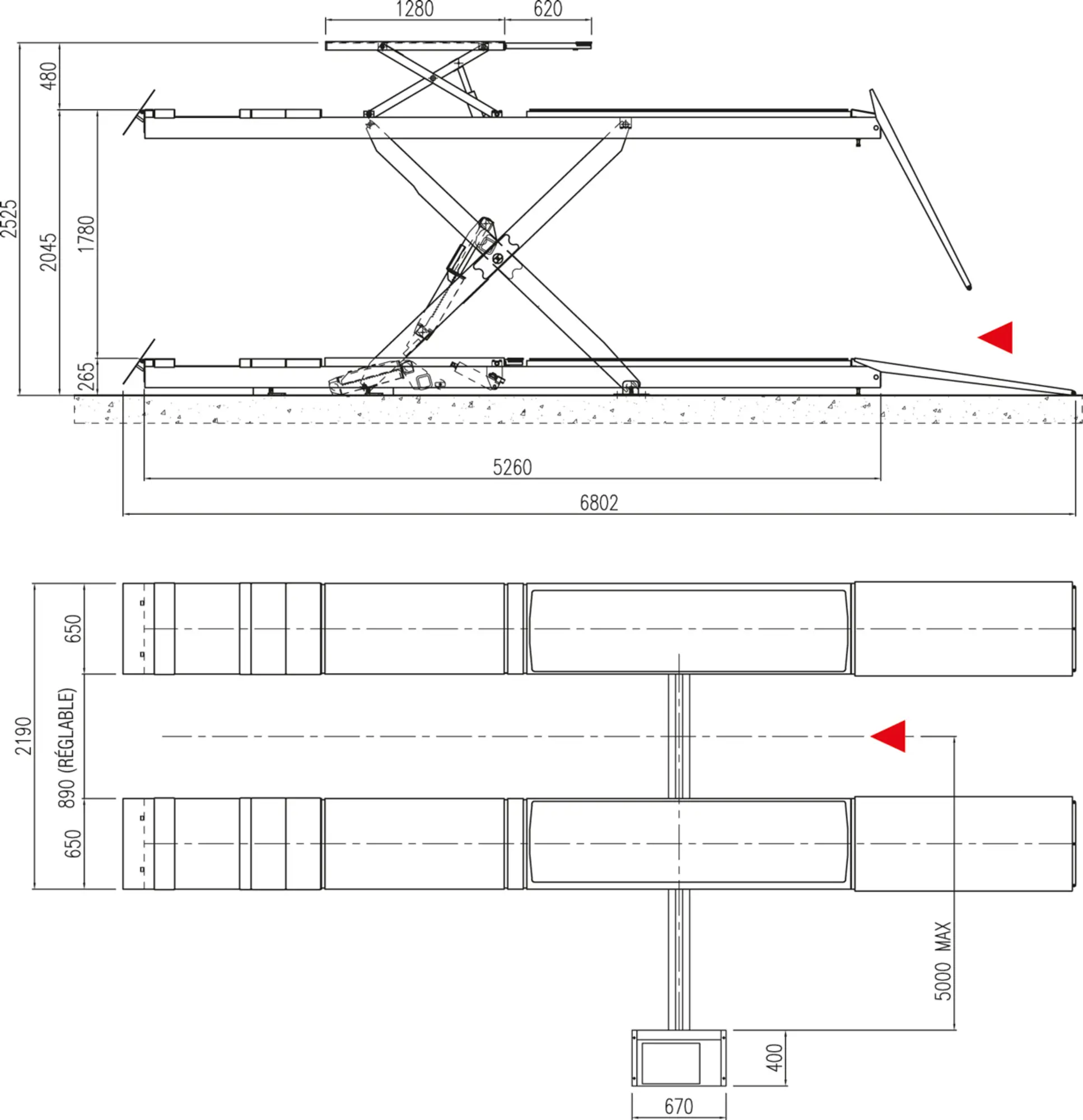 Pont  ciseaux 5t pos (prise sous roue. sous coque)